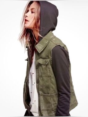 Free People Distressed Military Utility Jacket with Hoodie Sleeves - Small